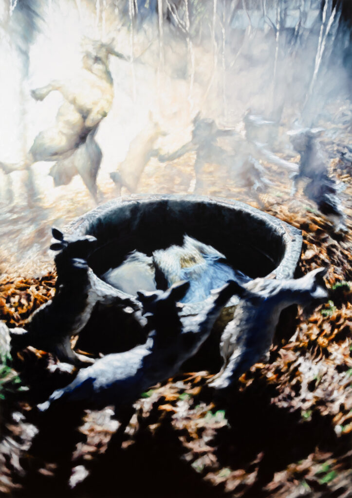Der Wolf und die sieben jungen Geisslein [The Wolf and the Seven Little Kids], (241L), 2019,oil on canvas, 275 x 195 cm