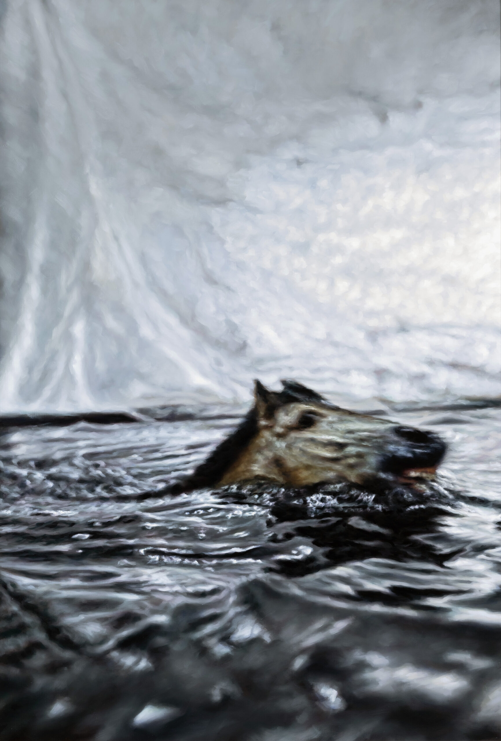 A painting of a swimming horse, by Philipp Fröhlich: (350L), 2021, oil on canvas, 175 x 120 cm
