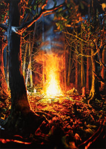 Philipp Fröhlich's painting based on Hänsel and Gretel, called: Now Lie Down by the Fire and Rest Yourselves, You Children (229L), 2018, oil on canvas, 245 x 175 cm