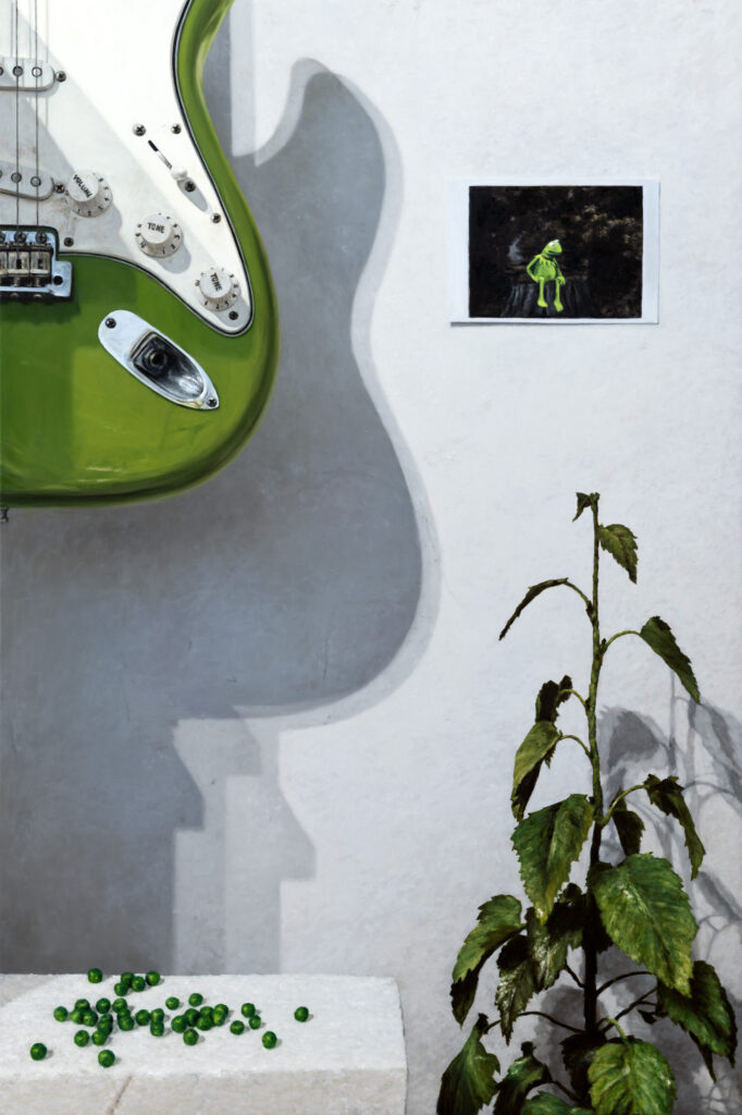 Philipp Fröhlich's oil on canvas painting Bein' Green from 2025, showing a guitar, Kermit the Frog , a young birch and peas.