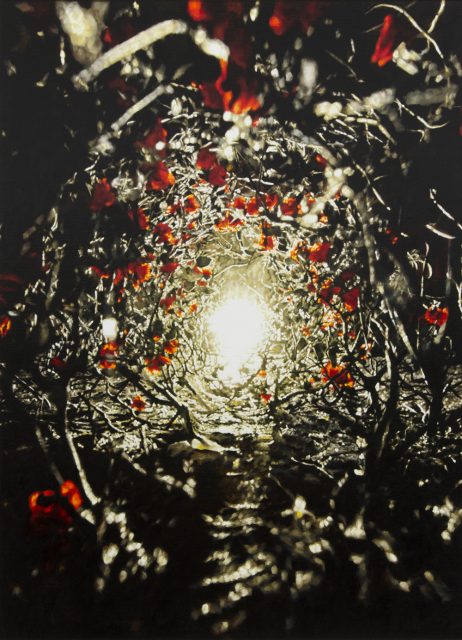 Hinter Rosenhecken [Behind Rose Hedges], 2017, oil on canvas, 110 × 80 cm.