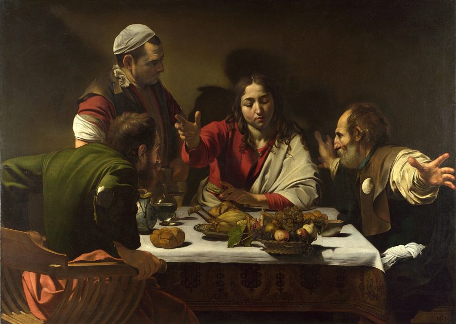 The circular setup reminds me of Caravaggio’s Supper at Emmaus, though here the light comes from outside the painting.