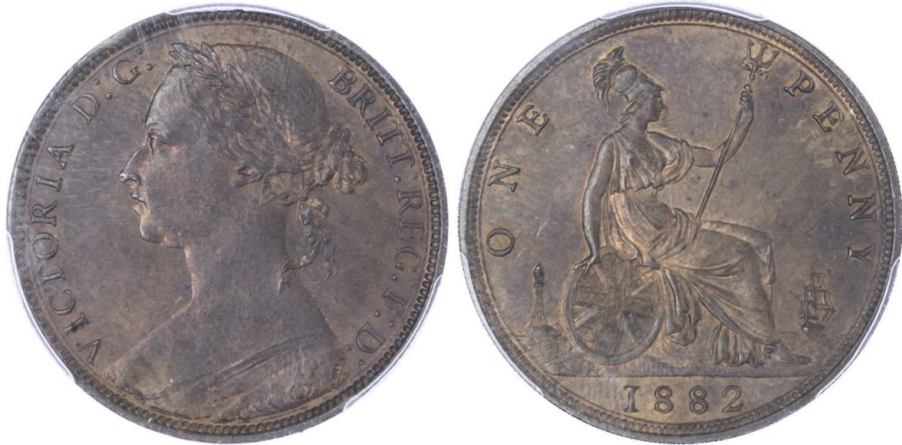 British one penny coin, 1882. Obverse: Queen Victoria. Reverse: Britannia and denomination.