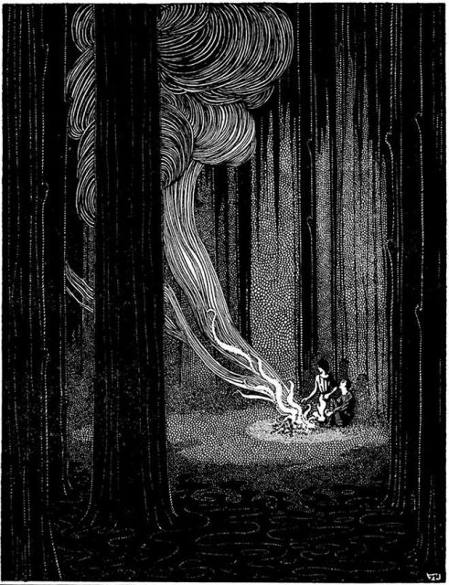 Jennie Harbour’s beautiful illustration of Hänsel and Gretel by the fire.