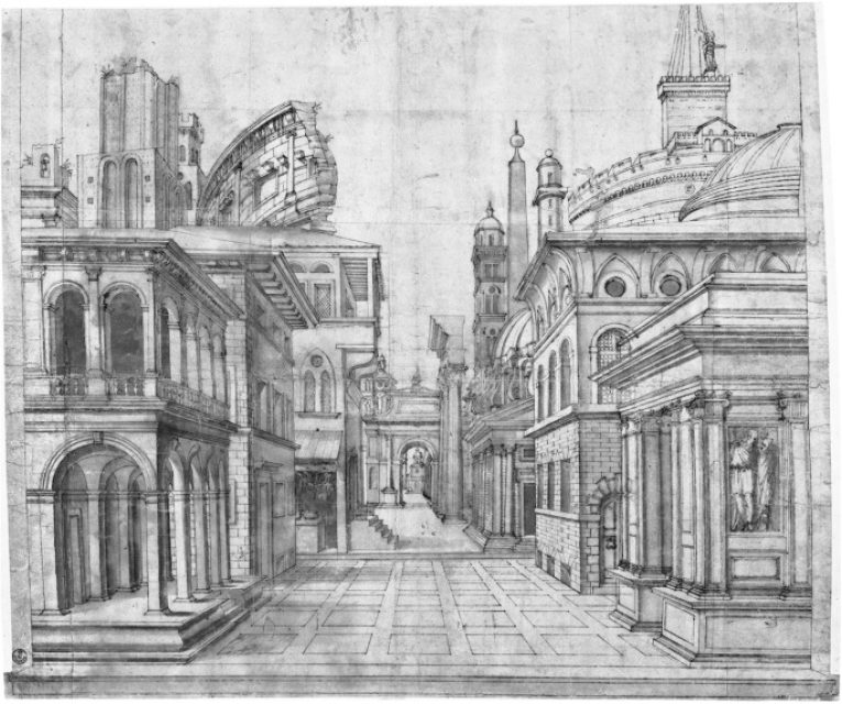 Peruzzi’s painted backdrop, positioned behind the second building, extends the architecture into a theatrical illusion.