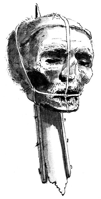 Severed head of Oliver Cromwell, sepia drawing after Thomas Pennant’s London, c. 1790.