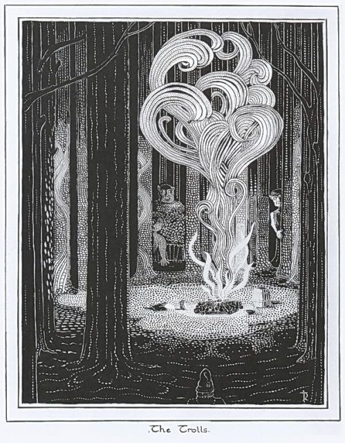 J. R. R. Tolkien’s illustration showing the Trolls from The Hobbit was almost certainly inspired by Jennie Harbour’s illustration.