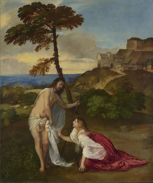 Titian’s Noli me tangere, the injunction “do not touch me” is emphasized by the gesture.