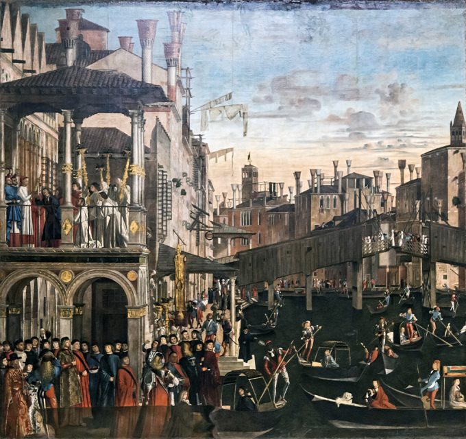 Vittore Carpaccio, The Miracle of the Relic of the True Cross at the Rialto Bridge, c. 1496. Elevated viewpoint, while the architectural verticals remain parallel.