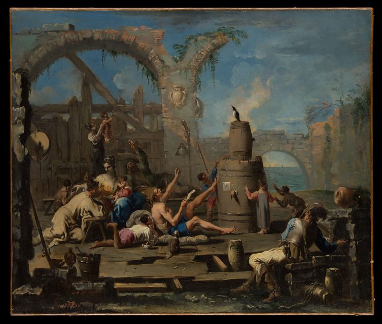 A man tries to teach a magpie to sing. Alessandro Magnasco, The Tame Magpie, c. 1707–08.
