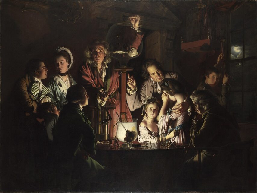Joseph Wright’s An Experiment on a Bird in the Air Pump creates the same conspiratorial effect by placing the light at the center, leaving the outside mysterious and unclear.