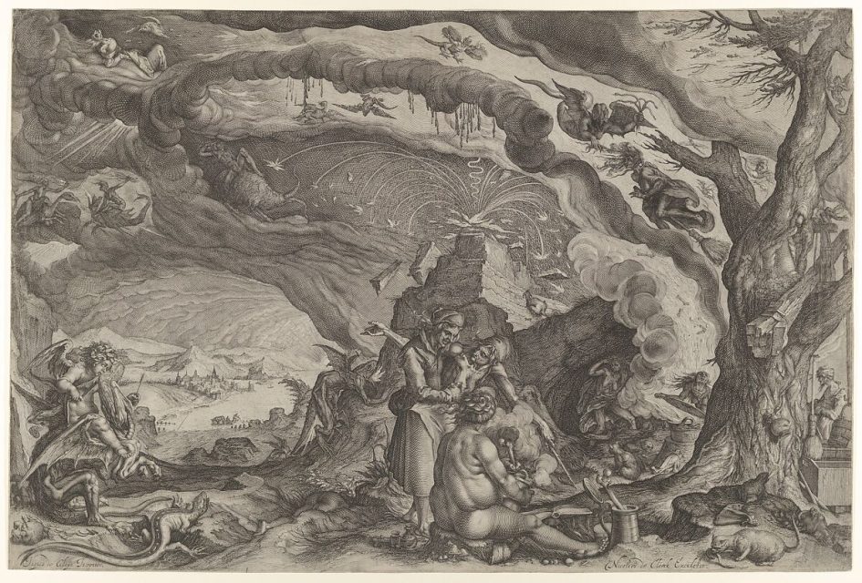 Witches also fly on broomsticks made of birch twigs. Andries Stock after Jacques de Gheyn II, Witches Preparing for Sabbath, c. 1610.