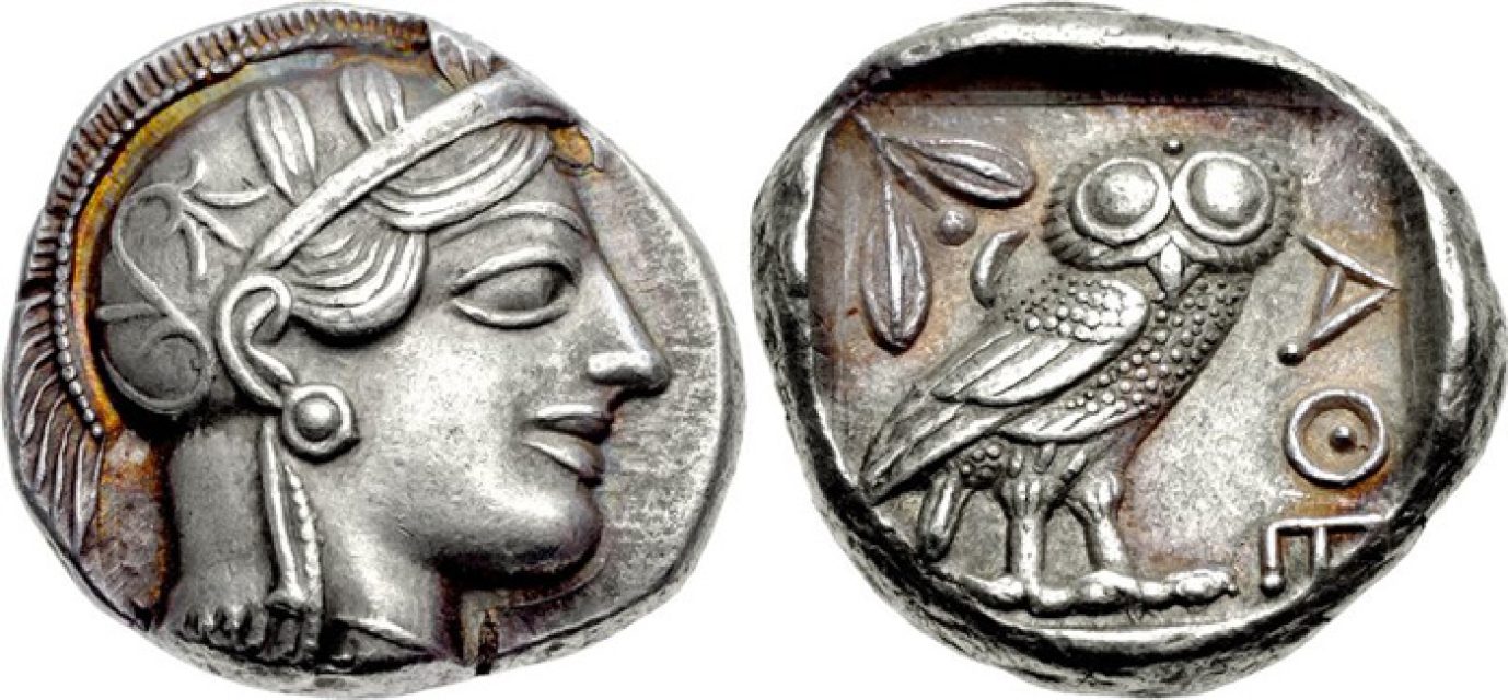 Athenian tetradrachm, 5th century BC. Obverse with Athena. Reverse with owl, olive sprig and ΑΘΕ (Athens).