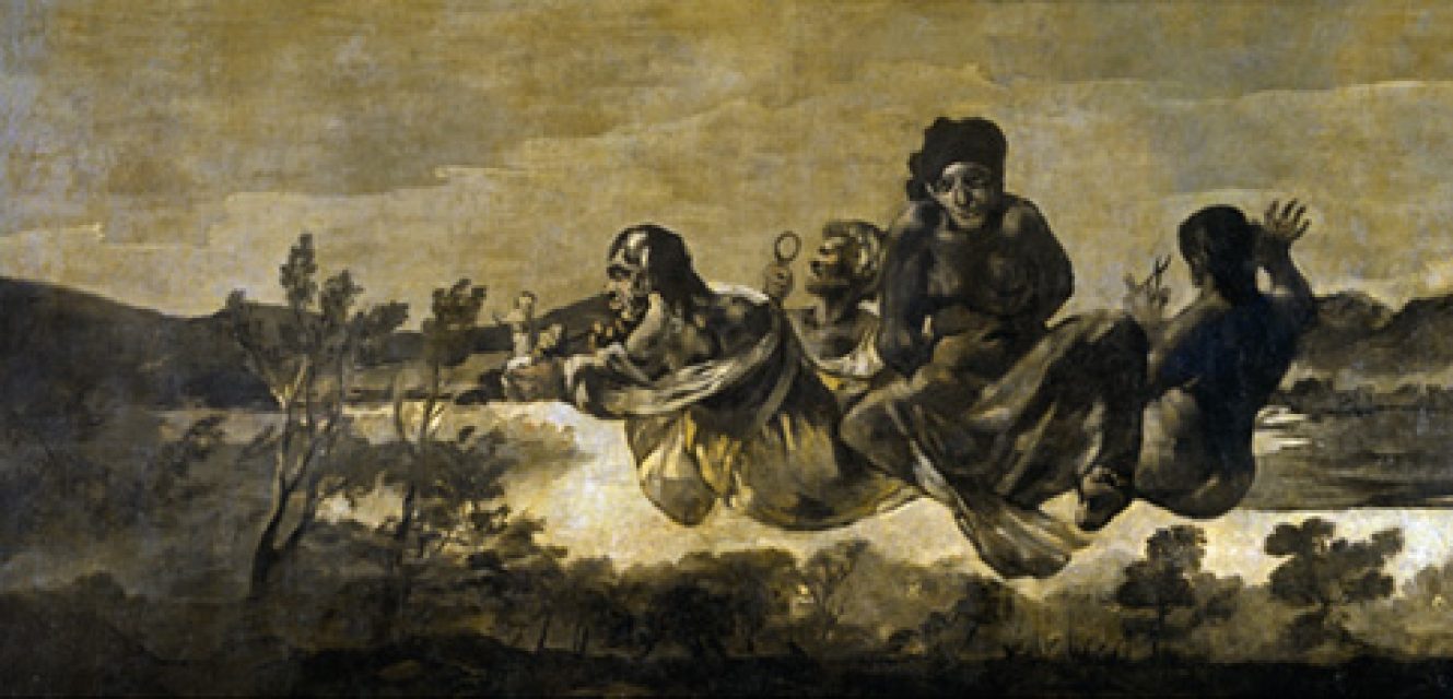 Atropos_o_Las_Parcas Francisco de Goya, Atropos (The Fates). Black penetrates every part of the painting, deepening the sense of dread and finality.