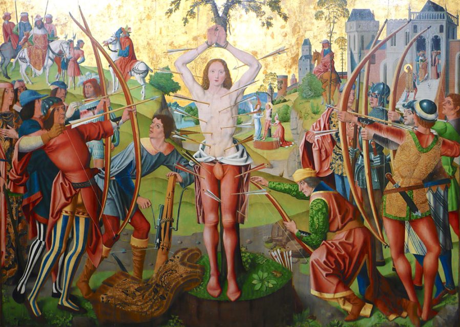 You can clearly see sapwood and heartwood in the yew bows in this Saint Sebastian altarpiece.