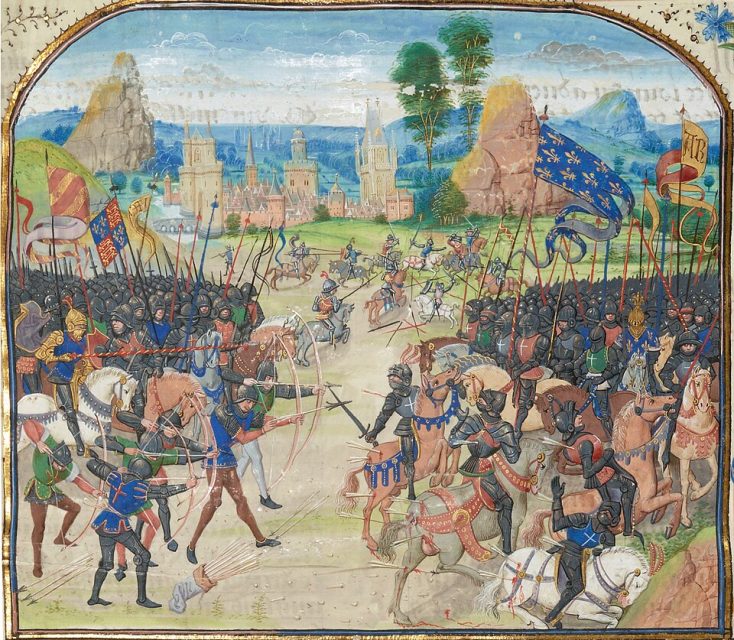 The Battle of Poitiers (1356), English longbowmen using yew bows.
