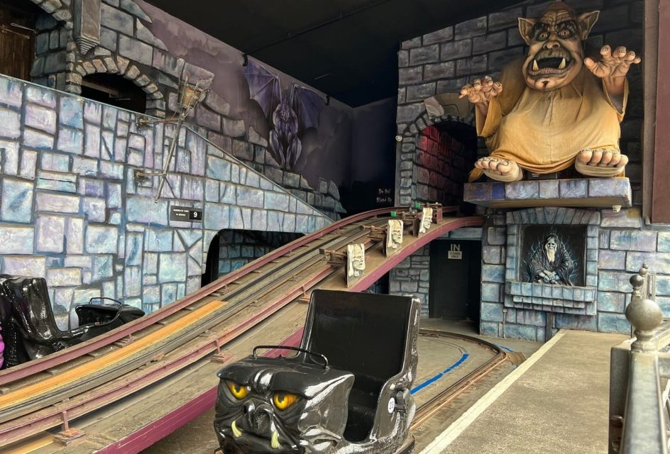 The Ghost Train at Blackpool Pleasure Beach, Blackpool, dating from 1930, is considered the oldest. It is still in use today.