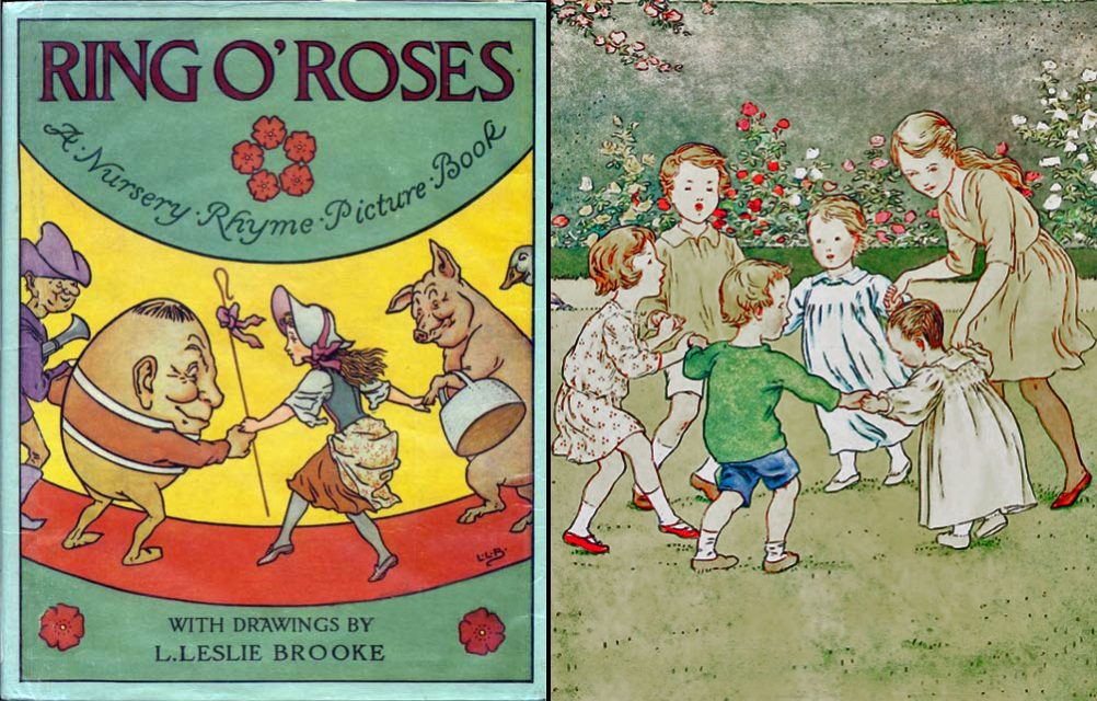 La portada ilustrada de Ring O' Roses, una colección de canciones infantiles de Leonard Leslie Brooke.