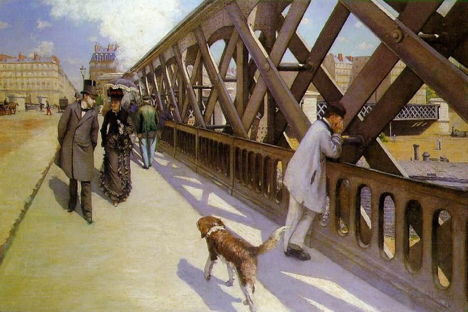 Gustave Caillebotte, Le Pont de l’Europe, 1876, with a dog going about its business across the bridge.