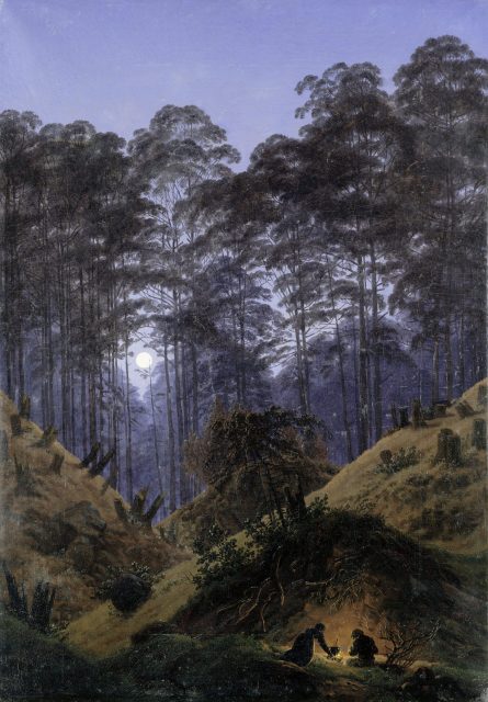Caspar David Friedrich’s verticality makes the human forms at the fire look very small against the vastness of the forest.