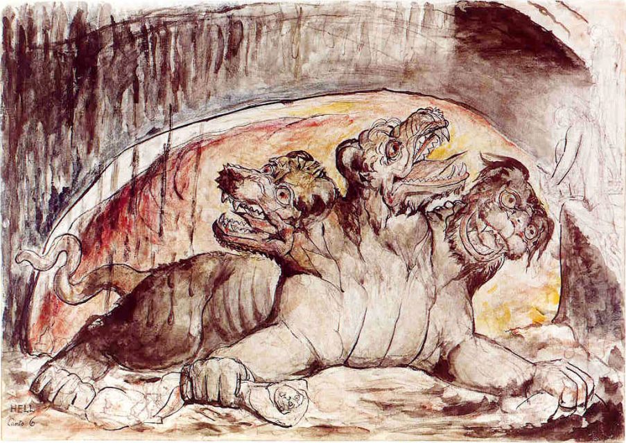 William Blake, Cerberus, c. 1824–1827. Watercolor illustration for Dante’s Inferno, Canto VI.