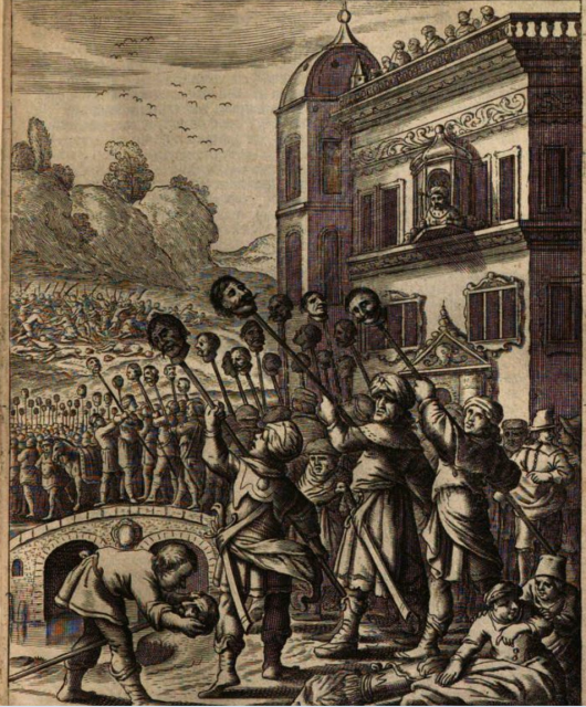 European depiction of defeated Ottoman heads mounted on spears after the Safavid recapture of Tabriz under Shah Abbas I, early 17th century.