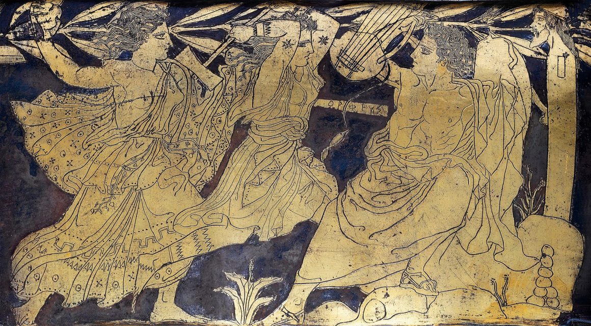 The Death of Orpheus, detail from a silver kantharos, 420–410 BC. Vassil Bojkov Collection, Sofia, Bulgaria.