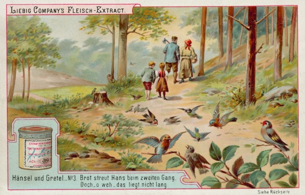 Advertisement illustration depicting birds pecking up the breadcrumbs left by Hänsel and Gretel.