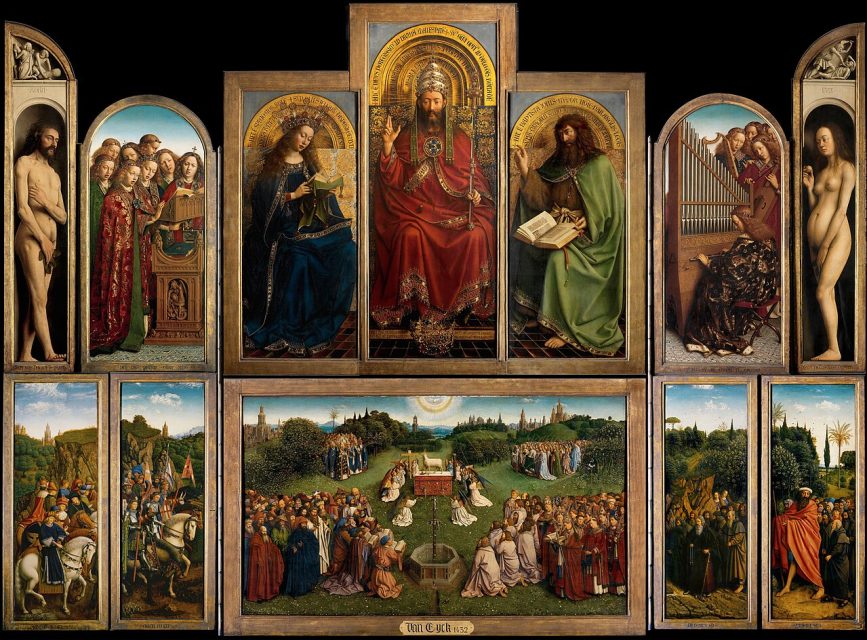 The Ghent Altarpiece, open. The Adoration of the Mystic Lamb with God, the Virgin and St John the Baptist. Hubert and Jan van Eyck, 1432.