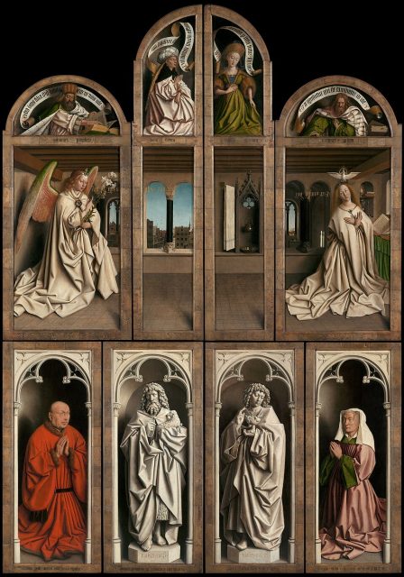 The Ghent Altarpiece, closed. The Annunciation with donors and saints. Hubert and Jan van Eyck, 1432.