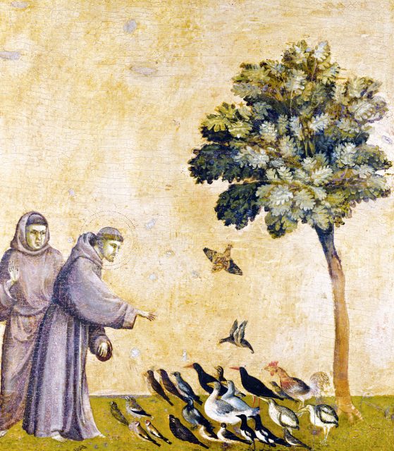 Giotto, St Francis Preaching to the Birds. It is striking to imagine the birds listening to a sermon, instead of us listening to them.