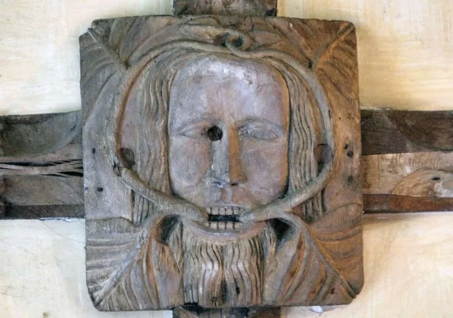 A medieval Green Man, the figure behind Greanvine in Russell Hoban’s Riddley Walker.