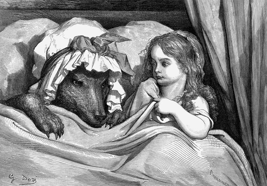 Fairy tales are full of lies and deceit. This etching by Gustave Doré illustrates Little Red Riding Hood, where the wolf pretends to be the grandmother.