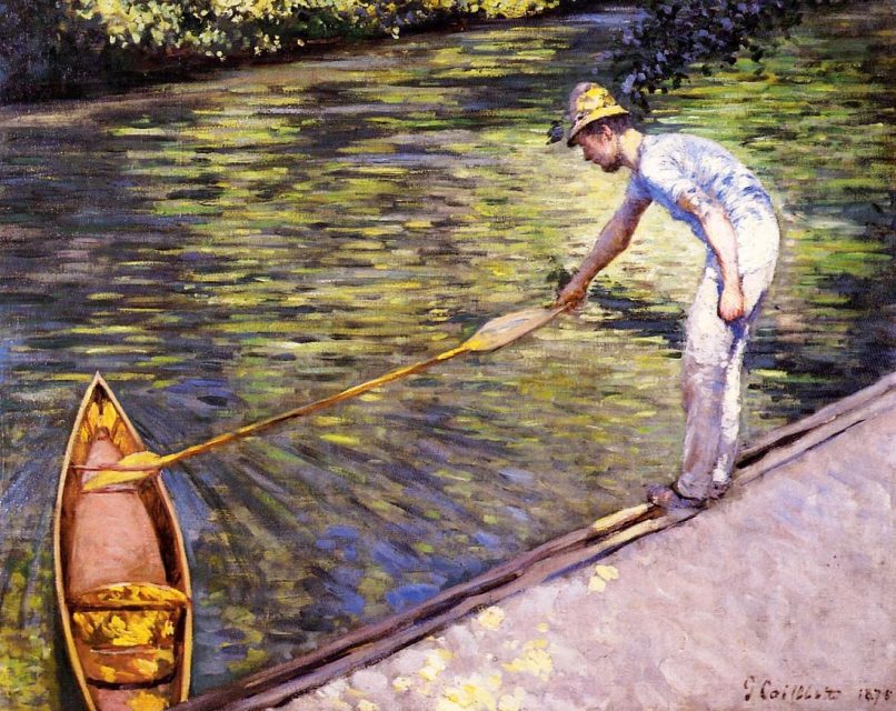 Boat and pier in Gustave Caillebotte’s Boater Pulling on His Perissoire, 1878