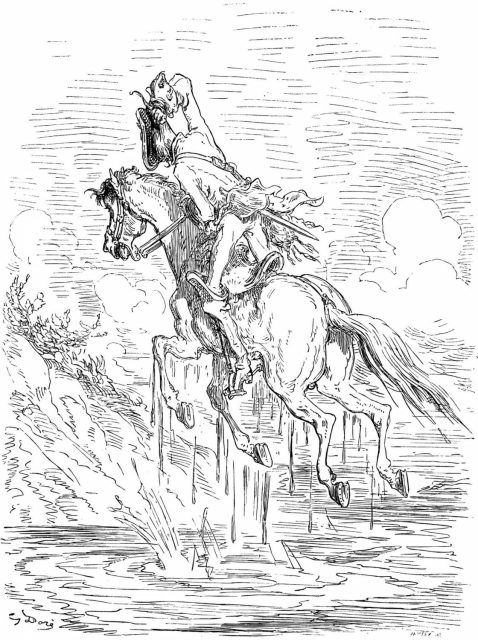 Another Gustave Doré illustration, this time showing Baron Münchhausen pulling himself and his horse out of the swamp by his own hair.