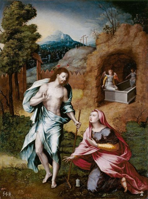 Jerónimo Cósida’s Noli me tangere, the tomb and the encounter shown simultaneously.