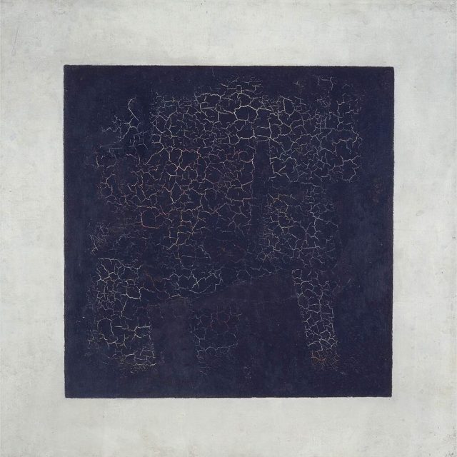 Kazimir_Malevich,_1915,_Black_Suprematic_Square,_oil_on_linen_canvas,_79.5_x_79.5_cm,_Tretyakov_Gallery,_Moscow Kazimir Malevich, Black Square, 1915. The heavily cracked surface reveals traces of an earlier painting beneath. In 2015, conservators discovered a faint pencil inscription reading “Negroes fighting in a cave,” likely added by Malevich.