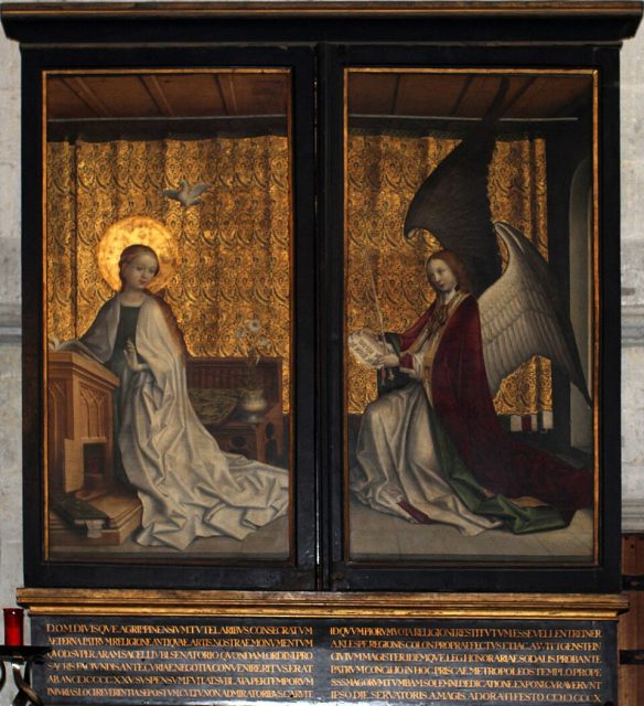 Altarpiece of the Patron Saints of Cologne, closed. The Annunciation. Stefan Lochner, c. 1445.