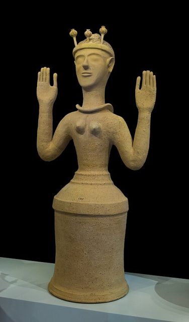 Minoan figurine wearing opium poppy capsules, ca. 1300 BCE.