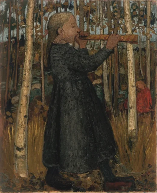 Worpswede being surrounded by marshland, Paula Modersohn-Becker painted lots of birches. Girl Blowing a Flute in the Birch Forest, 1905.