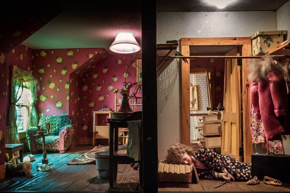 Frances Glessner Lee, Red Bedroom, one of the Nutshell Studies of Unexplained Death.