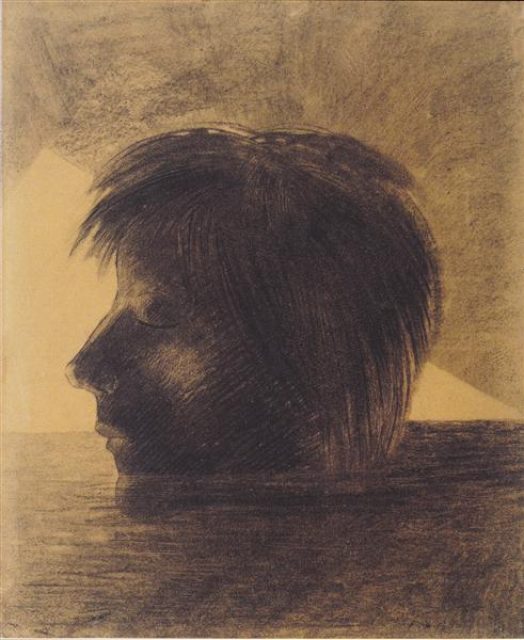 Odilon Redon, Head of Orpheus Floating in the Water (also known as The Mystic), 1881. Charcoal and black chalk on paper. Kröller-Müller Museum, Otterlo, Netherlands.