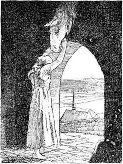 Otto Ubbelohde, Falada’s head at the gate, illustration for the Grimm fairy tales.