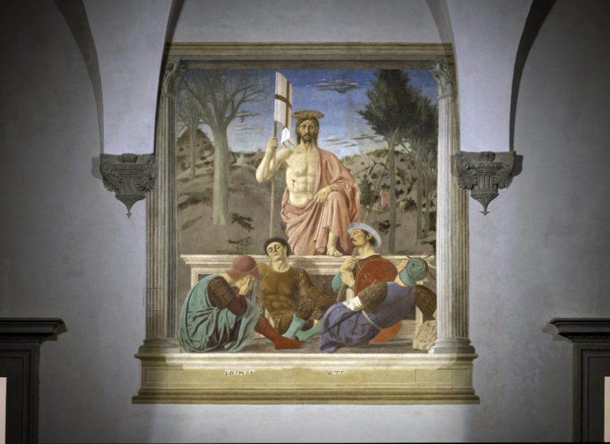 Piero della Francesca’s Resurrection, Christ rises from the grave triumphantly. The landscape echoes his resurrection.
