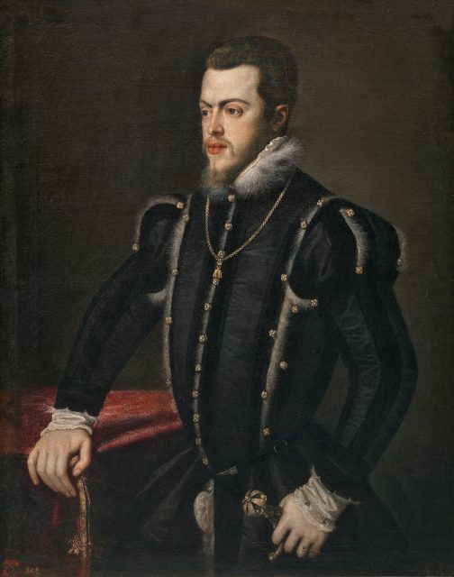 Philip II By the mid-16th century, black had become the dominant colour at the Spanish court. In Titian’s portrait of Philip II, it appears as restrained splendour.