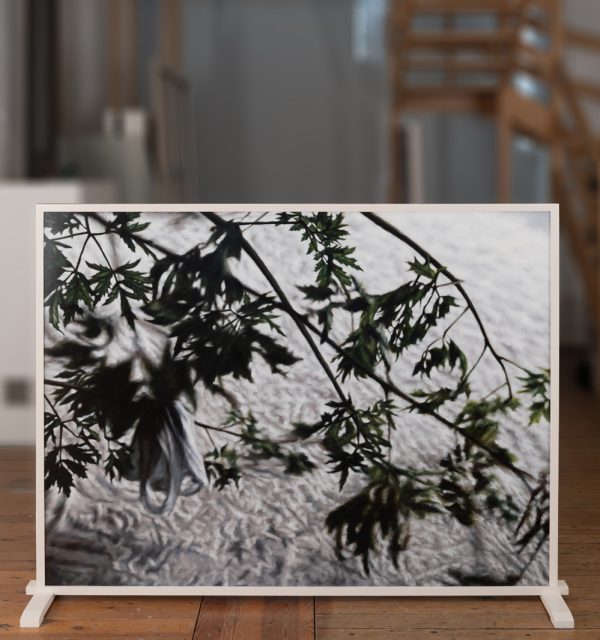 The work revolves around the dialogue between two paintings that can never be seen simultaneously.
