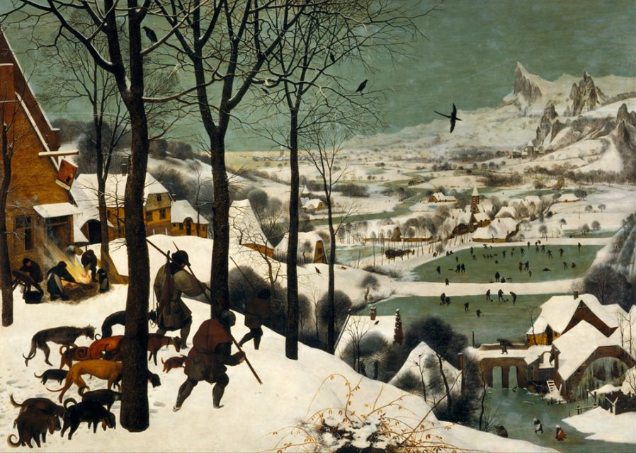 Pieter Bruegel the Elder, Hunters in the Snow, 1565. Birds scattered among the trees, part of the wide winter landscape.