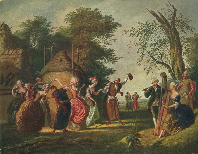 Una pintura de Korneli Szlegel que representa una danza tradicional de la Polonesa.