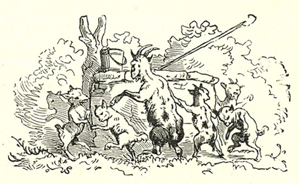 Ilustración del Deutsches Märchenbuch de Ludwig Bechstein, que representa al lobo y los siete cabritos.