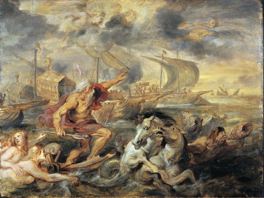 Oil sketch by Peter Paul Rubens, depicting Neptune calming a storm at sea. Harvard Art Museums.